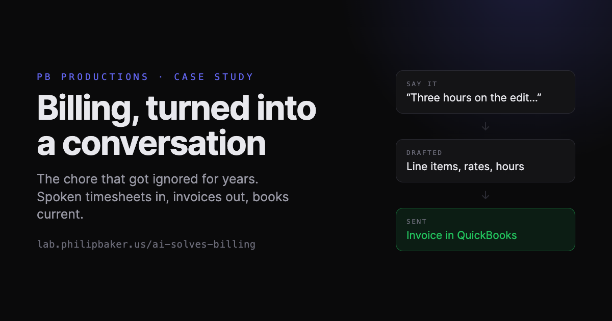 Case study: billing, turned into a conversation. Spoken timesheets in, invoices out, books current.