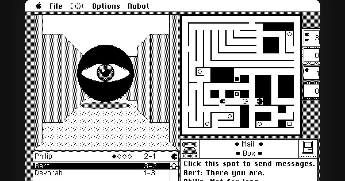 Maze Wars+ on a one-bit Macintosh screen: a first-person maze, an eyeball opponent, the map and the mail box.