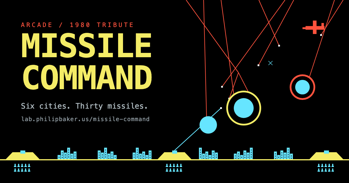 Missile Command, a 1980 arcade tribute: six cities, thirty missiles.