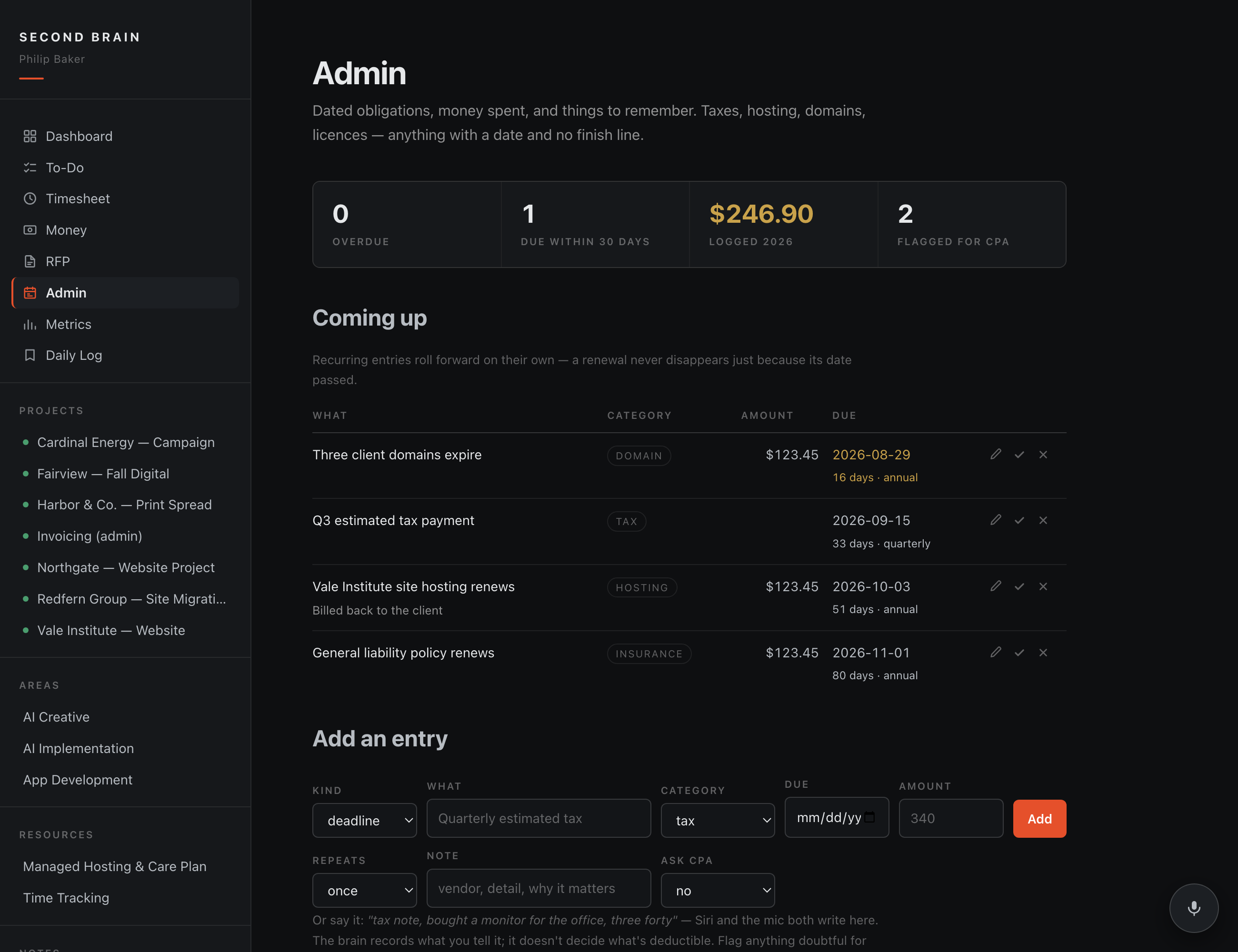 Admin page: upcoming obligations, money logged, and notes for filing.