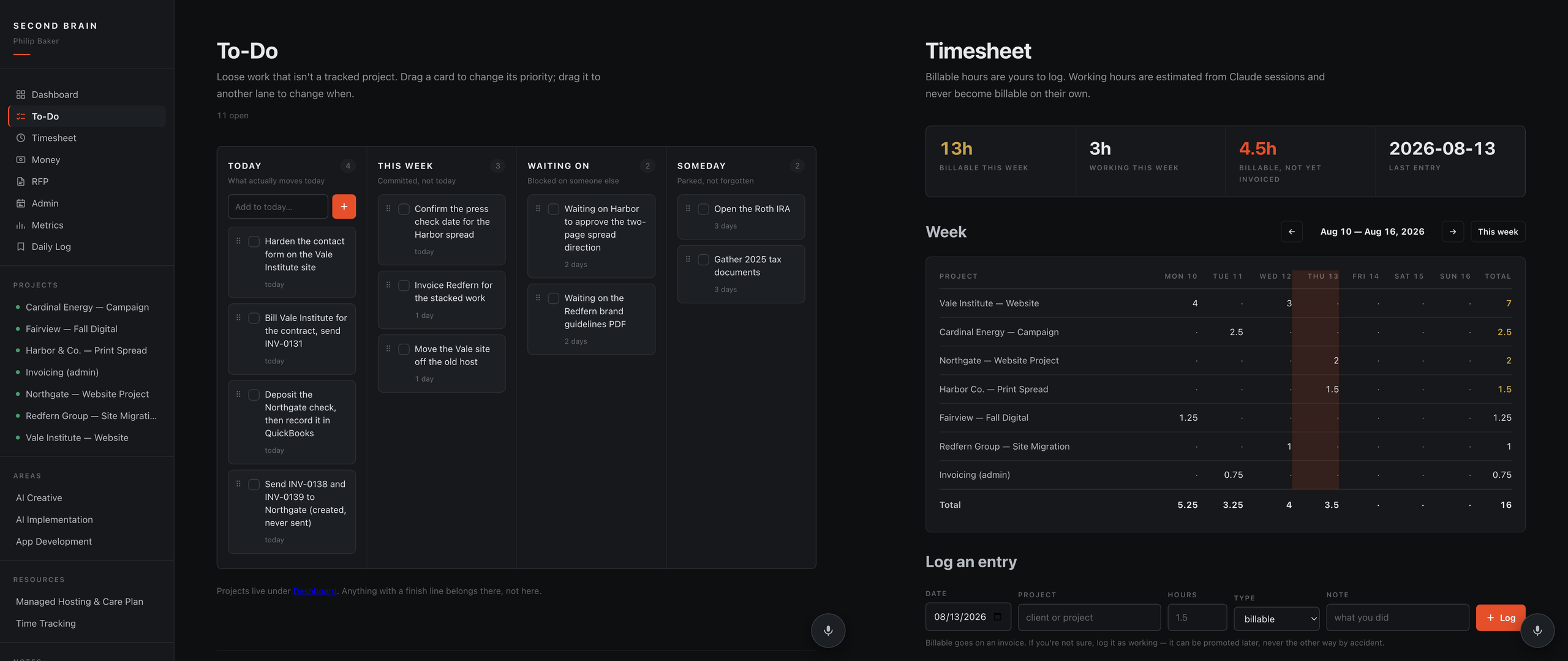 Left: the to-do board with four lanes. Right: the timesheet showing hours by project and unbilled time.