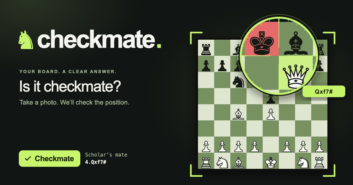 CheckMate: is it checkmate? Take a photo and it checks the position. A chess board, magnified on the mate.