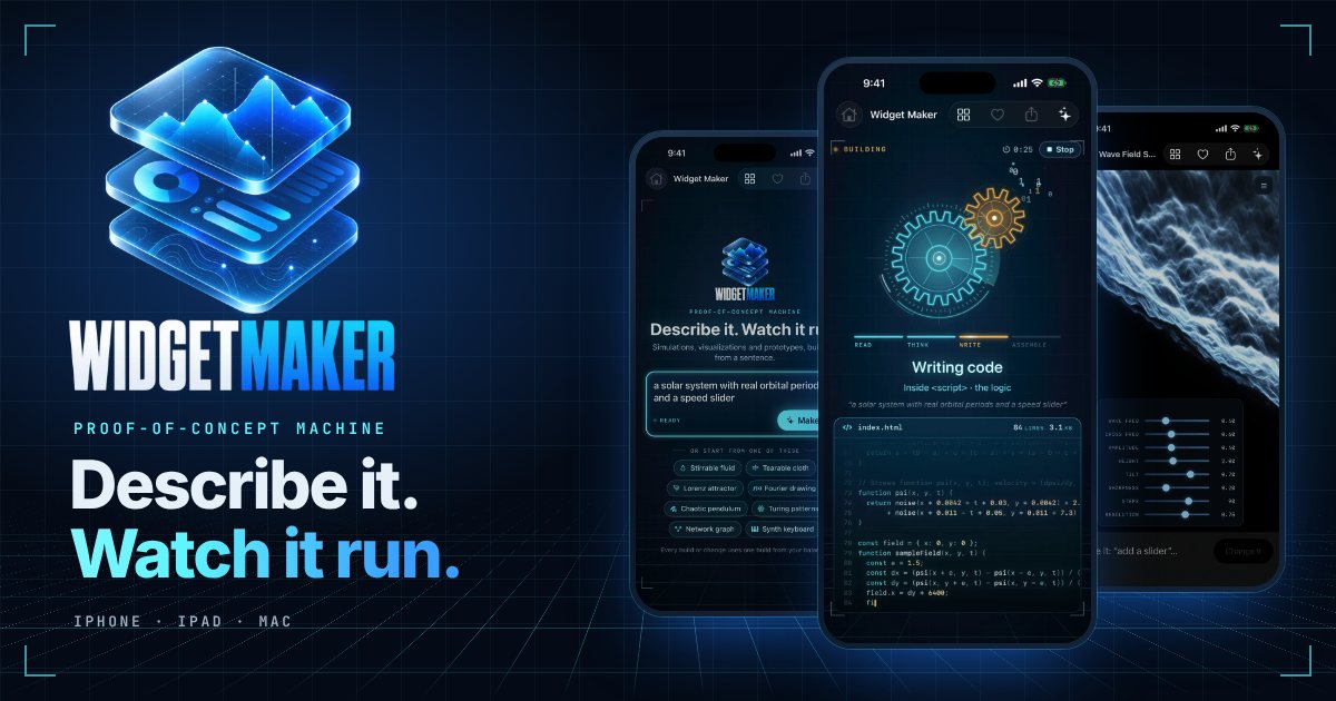 WidgetMaker, the proof-of-concept machine: describe it, watch it run. On iPhone, iPad and Mac; three screens show a sentence typed in, the code being written, and the program running.