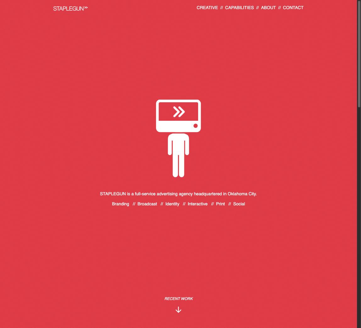 staplegun.us homepage, 2014 — flat red field with the white TV-head mascot