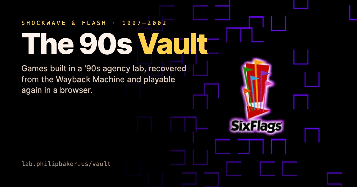The 90s Vault: Shockwave and Flash games built in a '90s agency lab, playable again, over Alien Maze and the Six Flags logo.