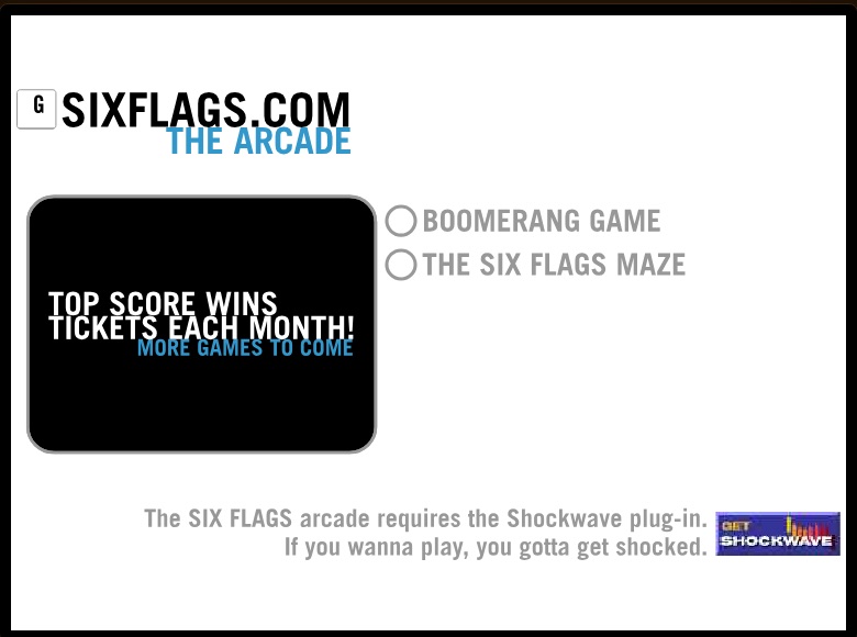sixflags.com arcade menu, 2000